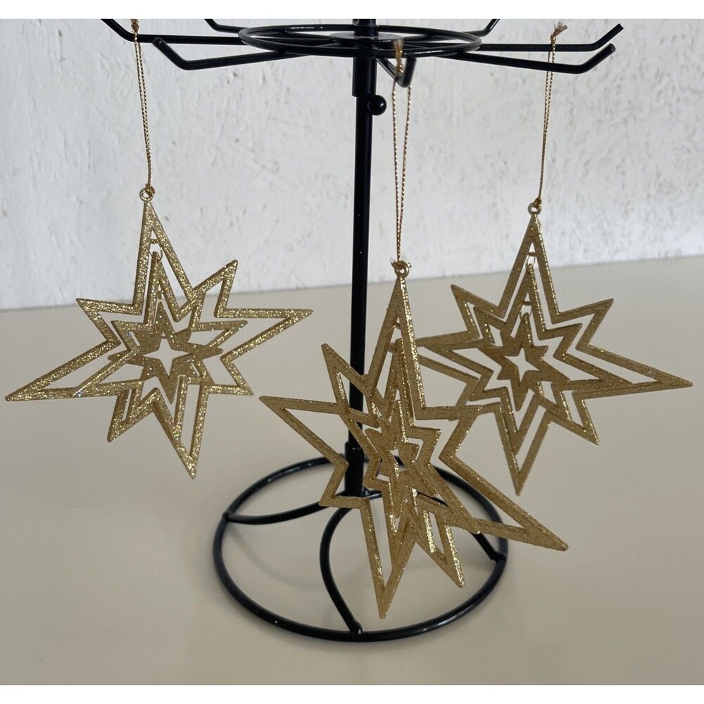 Lot Of 3 Christmas Ornament 3-D Gold‎ Sparkly Glitter Star Holiday Tree Deco.